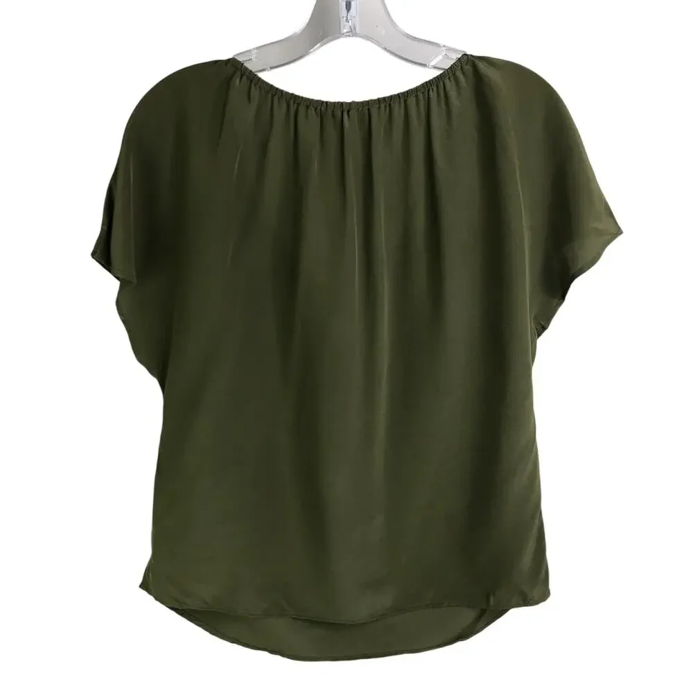 Tory Burch Camille Embroidered Silk Blouse Womens Size 0 Olive Green‎ boho chic